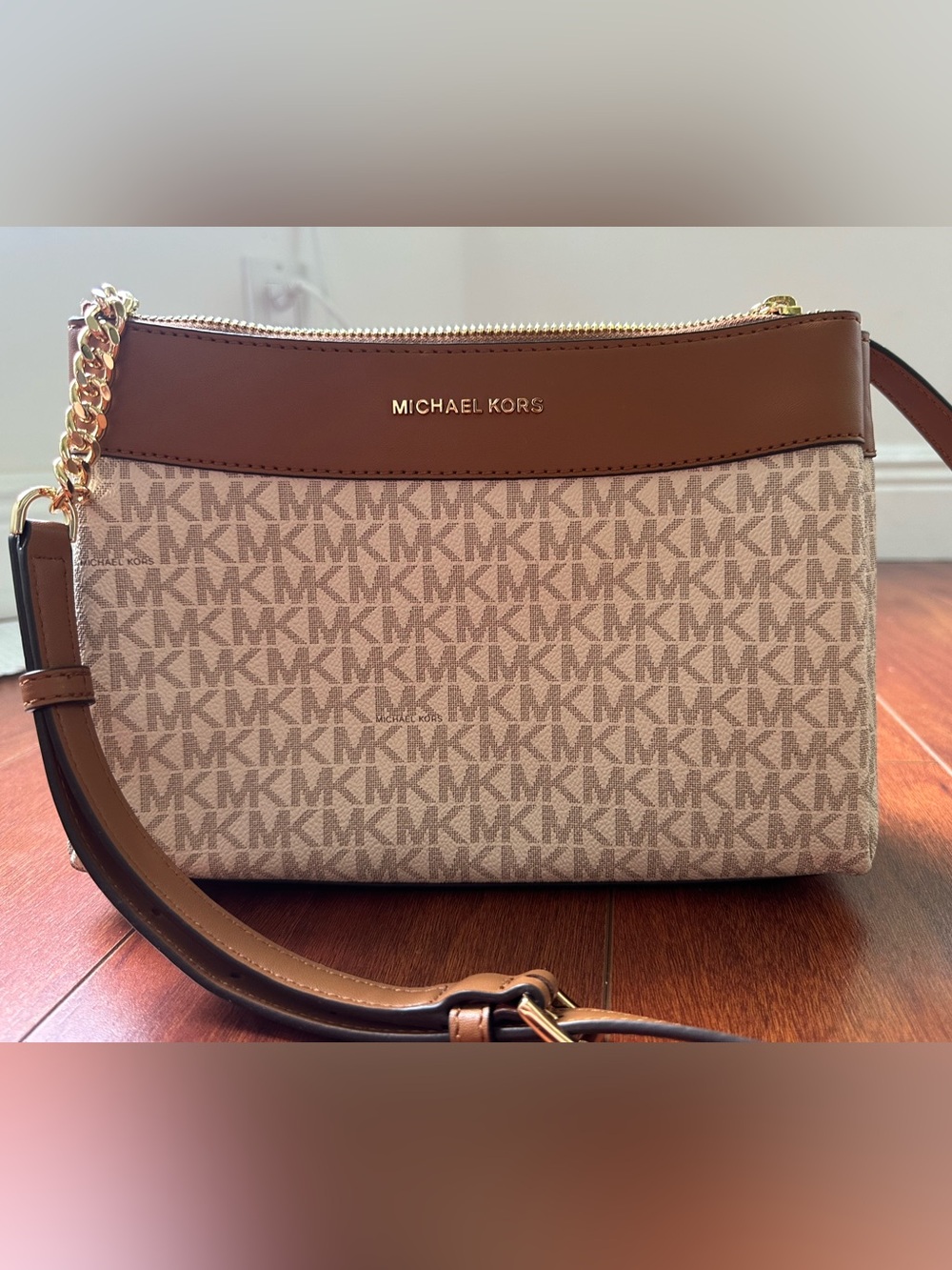 Michael Kors Beige and Brown MK Logo Messenger Crossbody